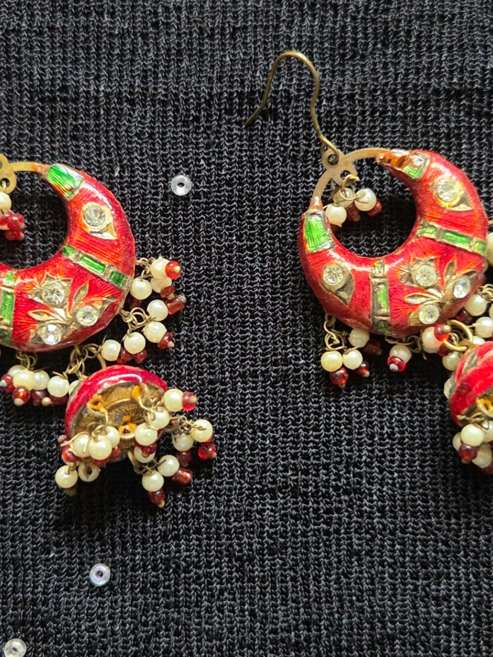 Vintage Handmade Lakh Dangling Earrings India Double Sided Green & Red View 4